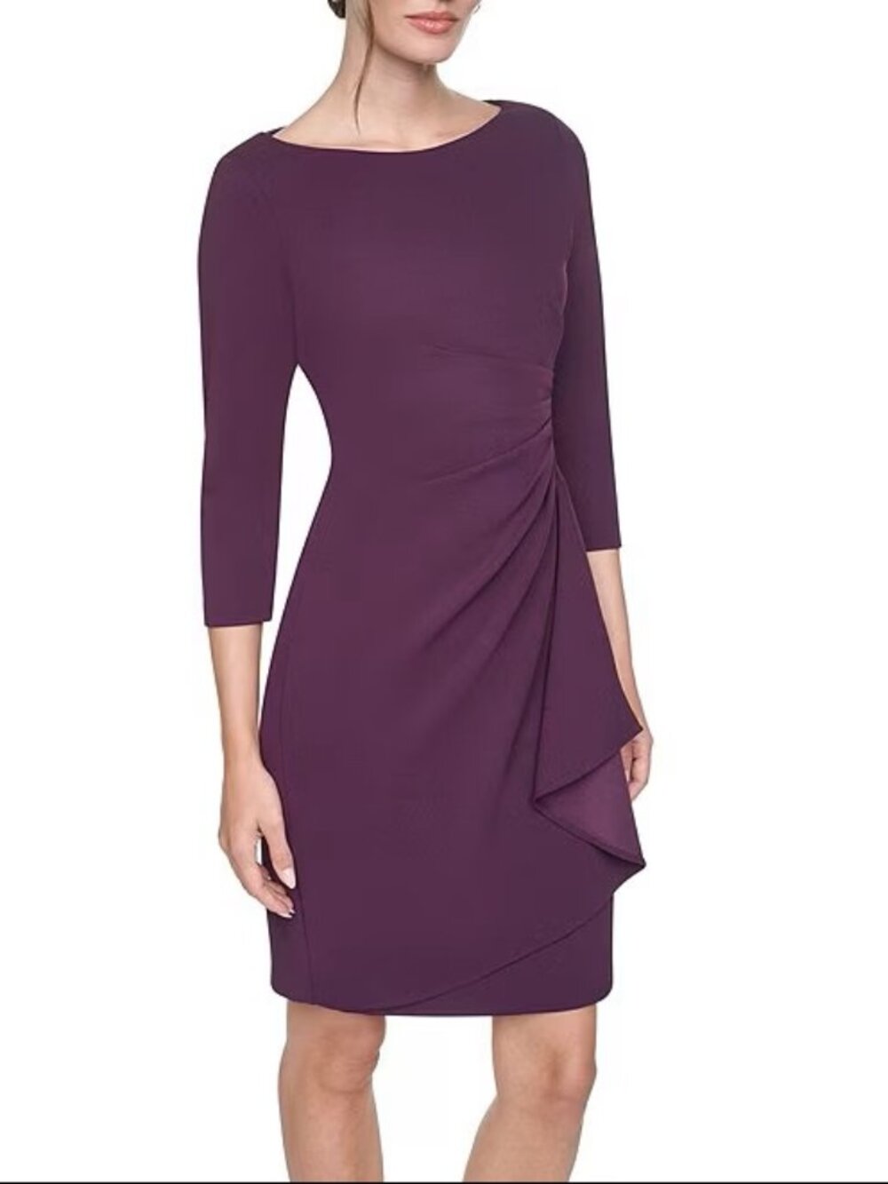 DKNY by Donna Karan Scuba Crepe 3/4 Sleeve Boat Neck Cascade Ruffle Sheath Dress